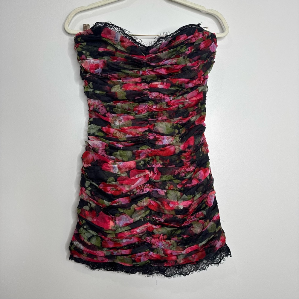 Pearl by Georgina Chapman Rose Mesh Gathered Strapless Lace‎ Bodycon Mini Dress